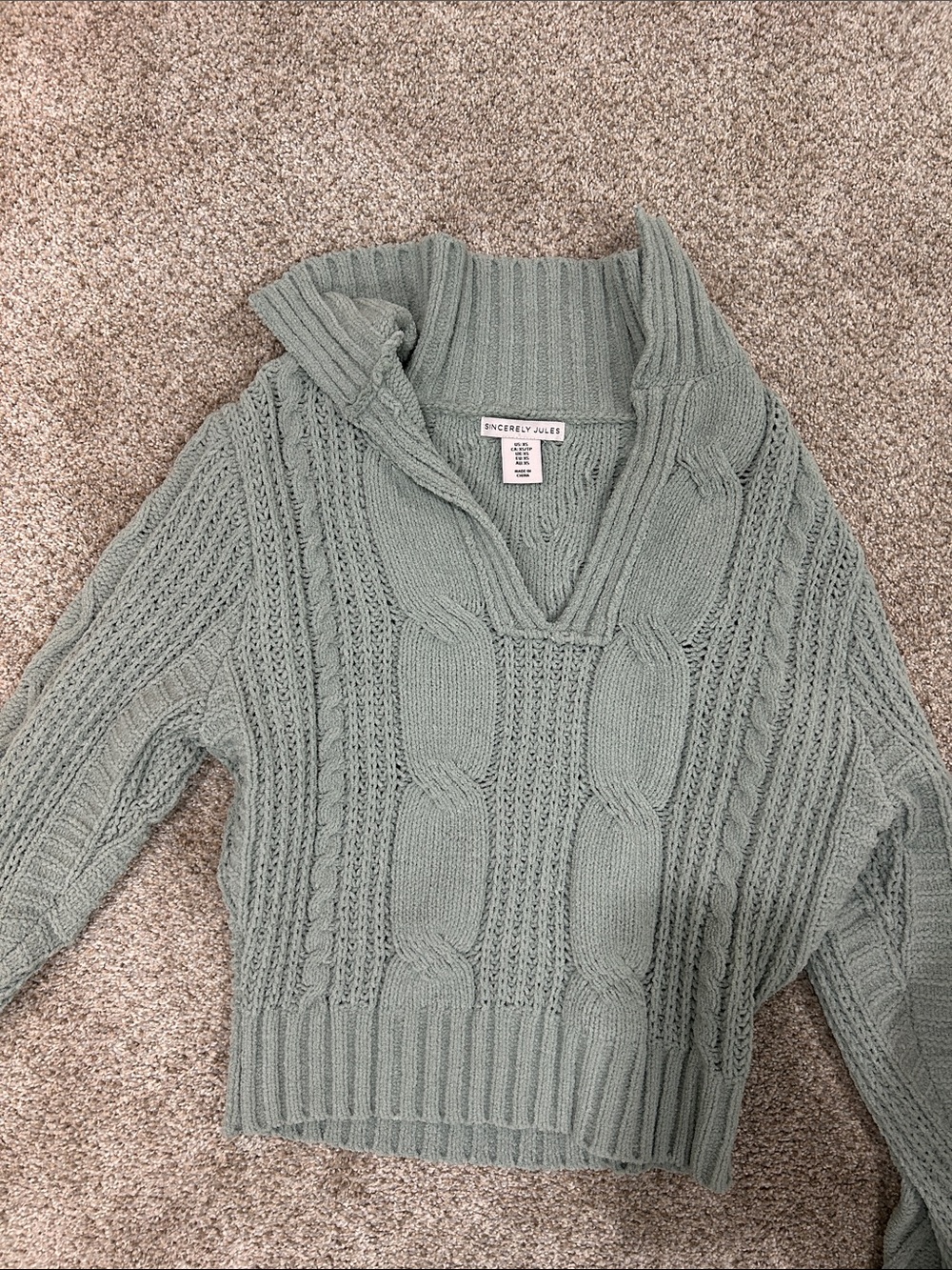 Sincerly Jules Mint Sage Cable V-Neck Sweater